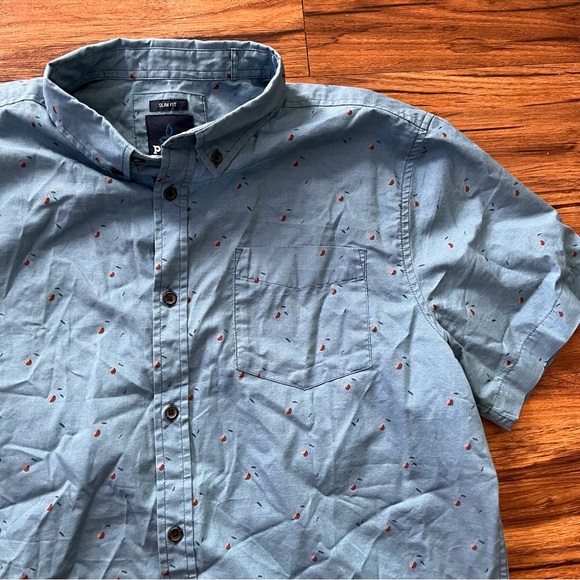 PrAna Mens Size Large Short Sleeve Button Up Shirt Cherry Print Light Blue - Picture 2 of 8